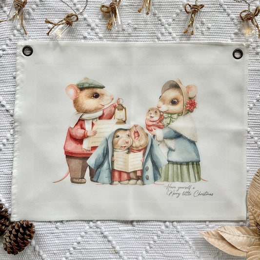 Christmas banner singing bunnies canvas