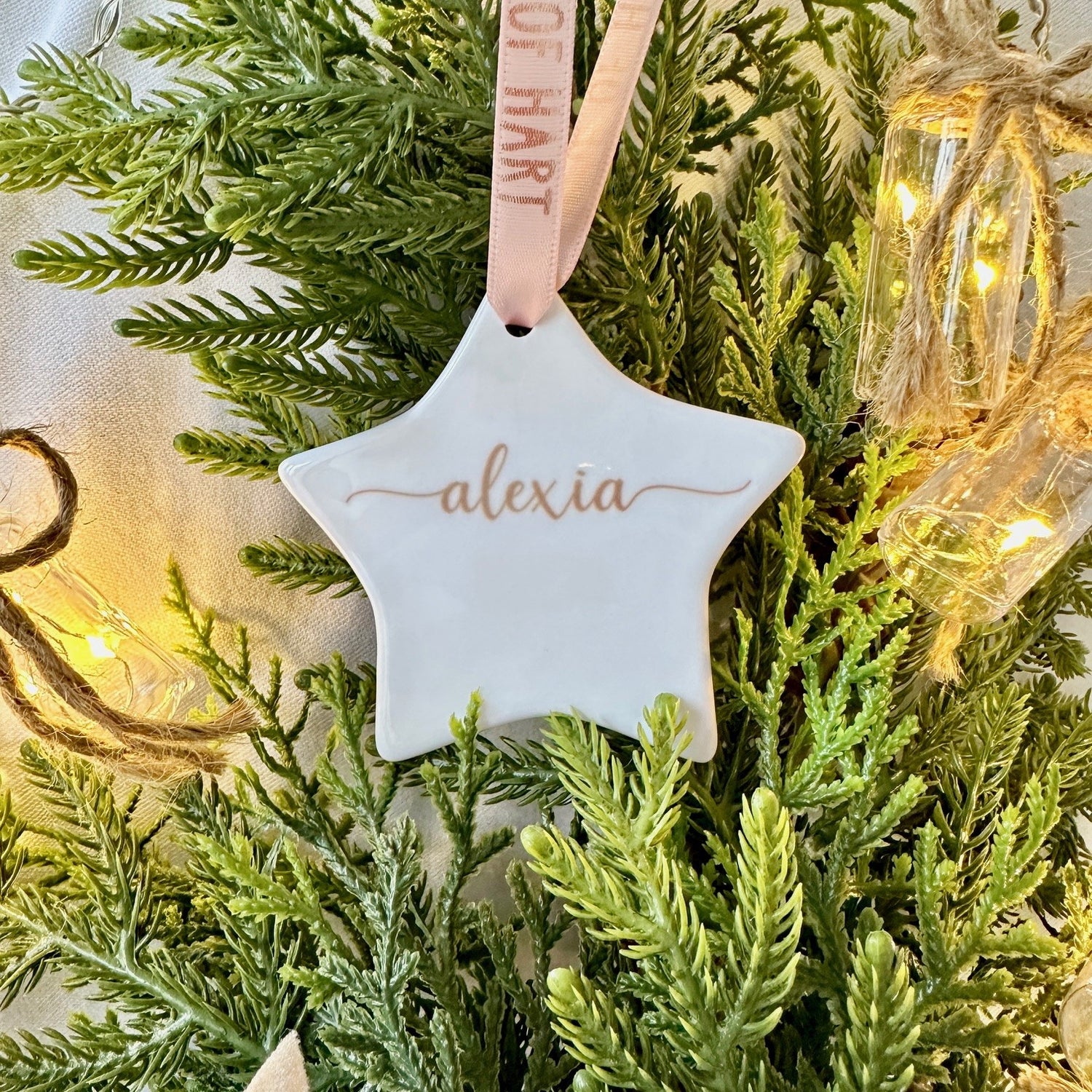 Christmas Hanging Ornament White Ceramic Star Personalised