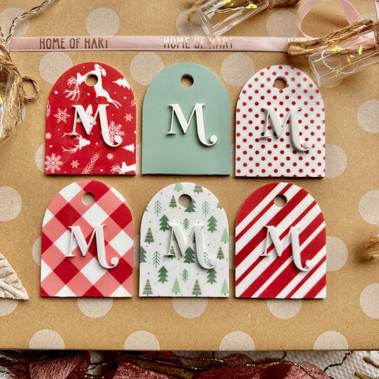 Christmas Gift Tag Personalised Initial Red Green Festive