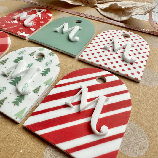 Christmas Gift Tag Personalised Initial Red Green Festive