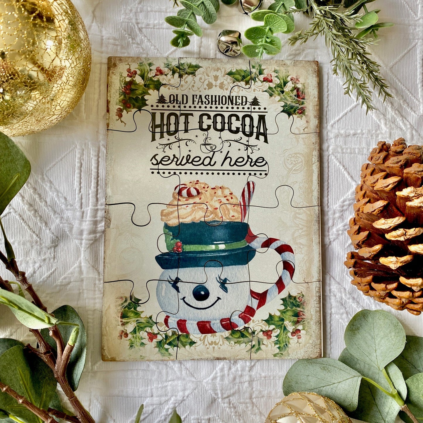 Festive Christmas Vintage Wooden Jigsaw Puzzle Hot Cocoa Snowman